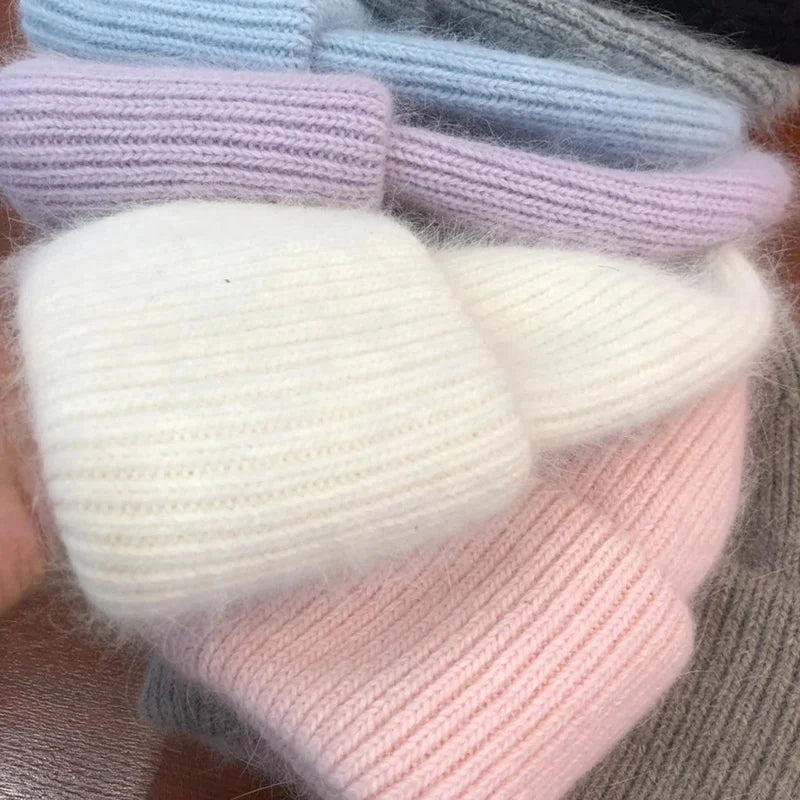 Winter Accessories Very Soft Angora  Rabbit Fabric Knitted  Warmer Thick Cuffed  Beanie Hat
