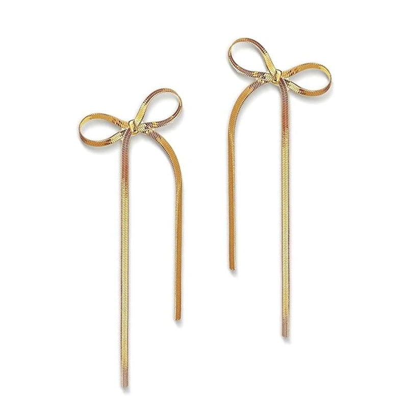 Long Chain Bow Dangle Drop Tassel Earrings Alloy Gold Plated Crystal Rhinestone Women Girls Statement Ribbon Fringe Fashion