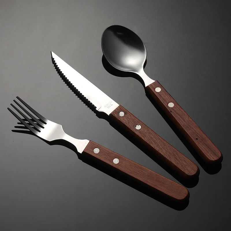 Food Grade Safe Metal Travel Restaurant Spoon Fork Knife Cutlery Sets Wooden Handle