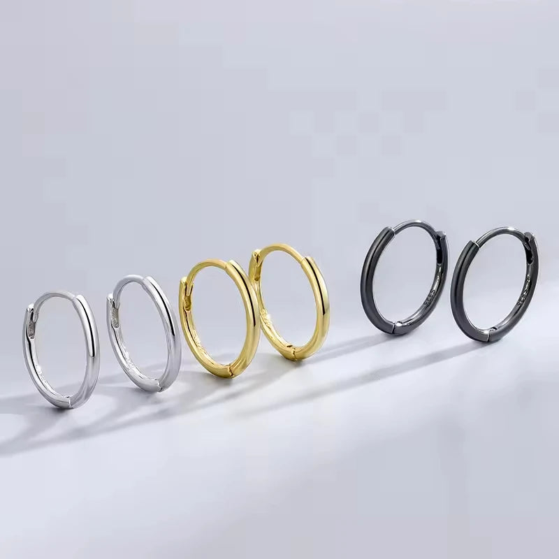 S925 Sterling Silver Black Rhodium/Gold Plated/Rhodium Plated Classic Circle Hoop Earrings