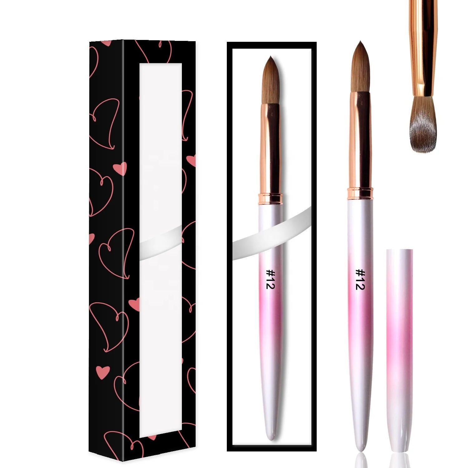 Custom Logo Pink Ombre Metal Handle 3D Acrylic Brushes Crimped Ferrule Premium Kolinsky Acrylic Nail Pinceles for Acrylic Powder