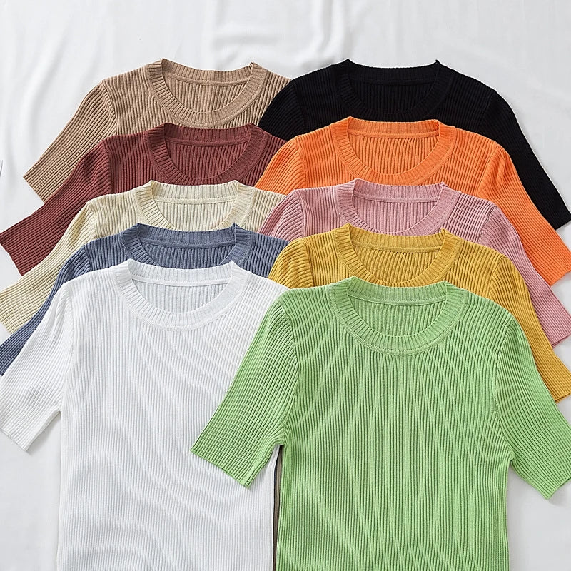 Wholesale Custom Print T Shirt Blank Women Short Sleeve T-shirt Women's Summer Basic Slim Top Round Neck Knitwear