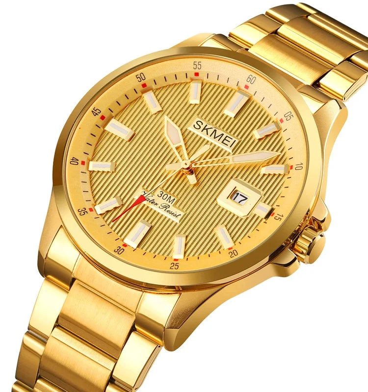 Men's Watches Brand SKMEI 1654 Time Date Relojes 3atm Stainless Steel Quartz Gold Luxury Watch