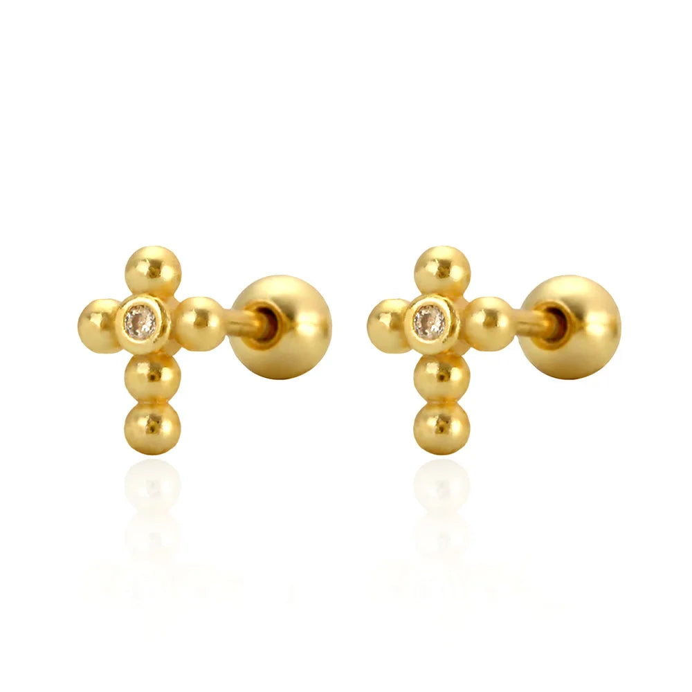 High Quality Fashion 925 Sterling Silver Minimalist Cross Shape with Cz Zircon Ball Piercing Screwbacks Stud Earring Jewelry