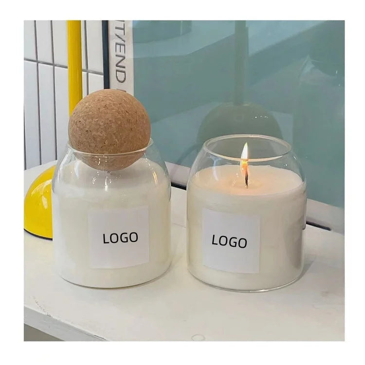 Clear Borosilicate Heat Resistant Glass Vessels for Soy Wax Making Candle Jars Glass With Wooden Cork Ball Lids