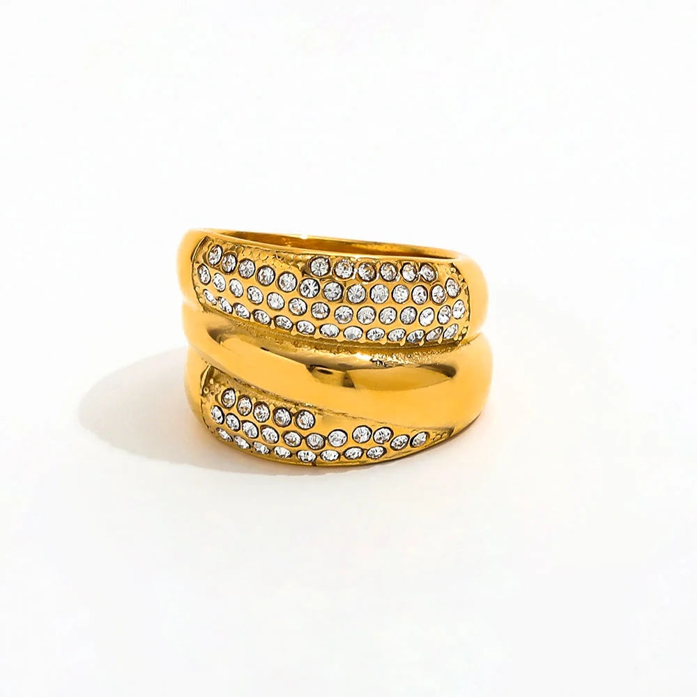 Joolim High End 18K Gold Plated Dainty Zirconia Half Pave Multi-layer Chunky Band Ring for Women Stainless Steel Jewelry