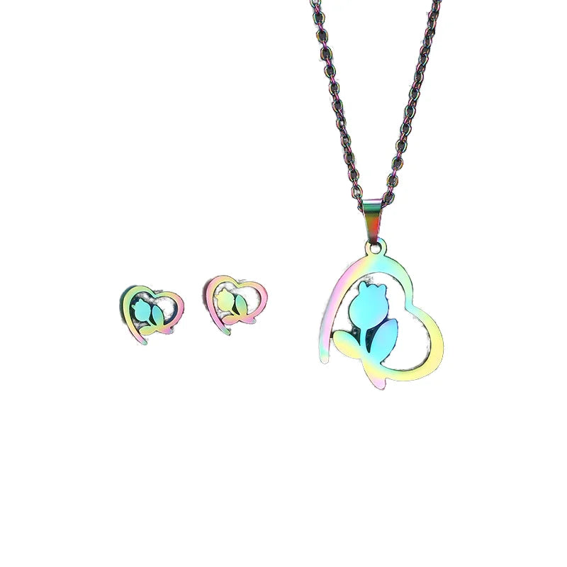 Unisex Love Earring and Necklace Set Gold or Silver Plated Link Chain for Engagement Wedding Anniversary Party Gift