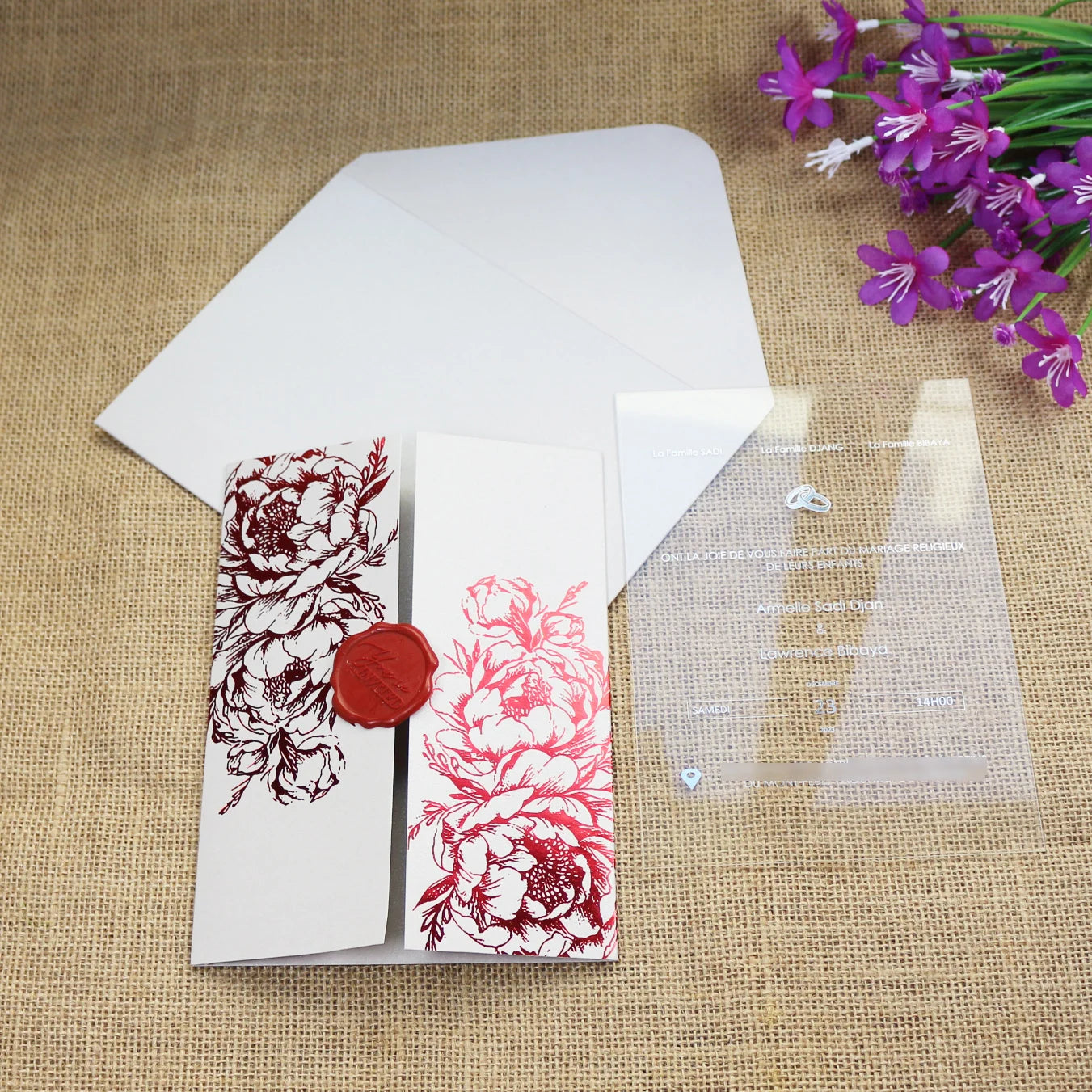 Custom Unique Red Foil Clear Acrylic Wedding Invitations With Light Grey Paper Jacket With Wax Seal and Envelope