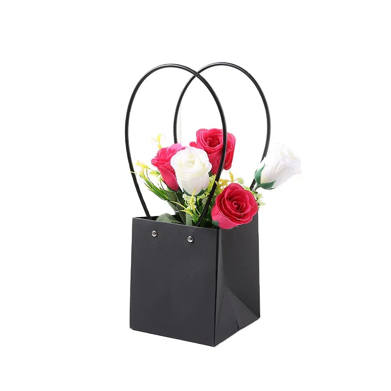 Waterproof Trapezoid Plat Bag Flower Basket Boutique Box Kraft Gift Flower Paper Bag with PVC Hand Rope