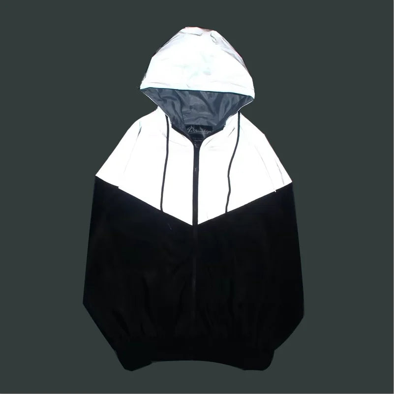 Grey Reflective High Visibility Wind Proof Mountaineering Jogger Sport Windbreaker Hoodie Reflector Jackets Men's Casual Apparel