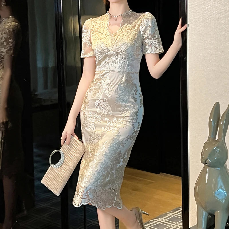 ZYHT 21377 New Trendy Ladies Hollow Out Lace Pencil Dress Elegant Formal Party Short Sleeve Dress for Women