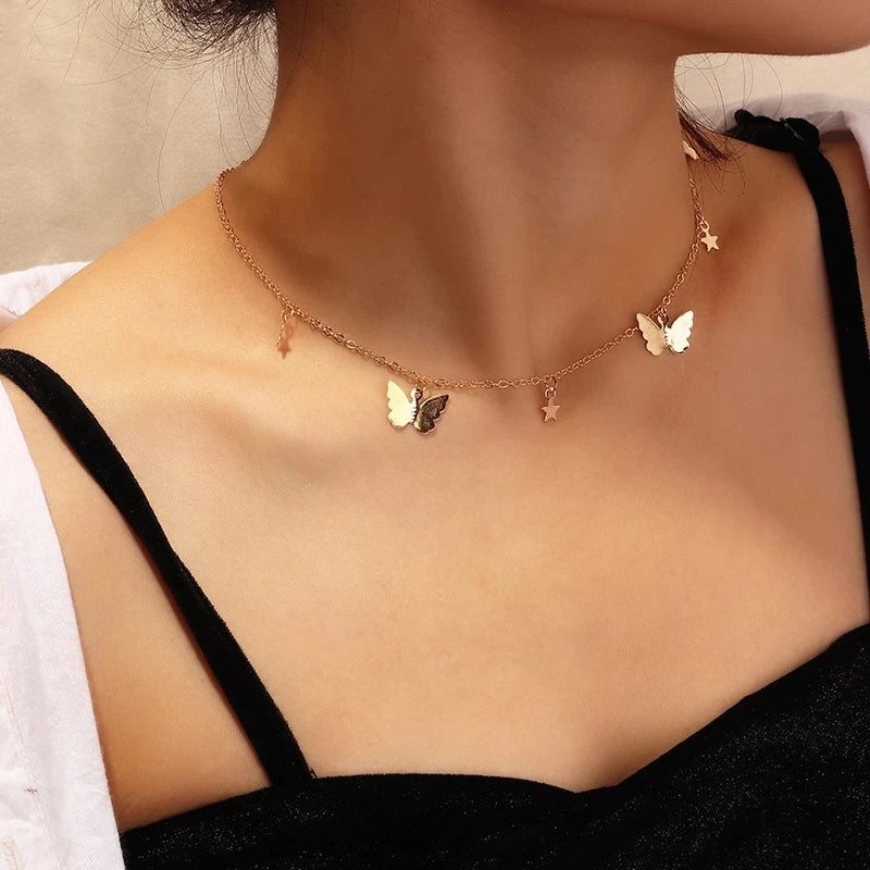 Korean Boho Butterfly Women Necklace Choker Jewelry Accessories Gold Color Chain Pendant Lady Summer Girls Fashion Gift