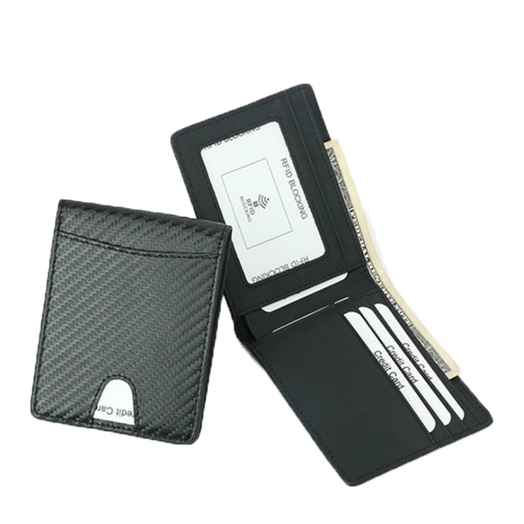 Wholesale OEM RFID Blocking Pure Genuine Leather Mens Wallet Premium Carbon Fiber Travel Front Pocket Wallet Men With ID Window