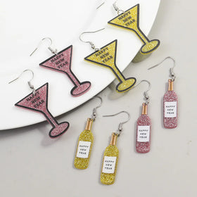 New Year Fashion Accessories Champagne Glasses Happy New Year Simple Geometric Glitter Acrylic Drop Earrings Party Jewelry