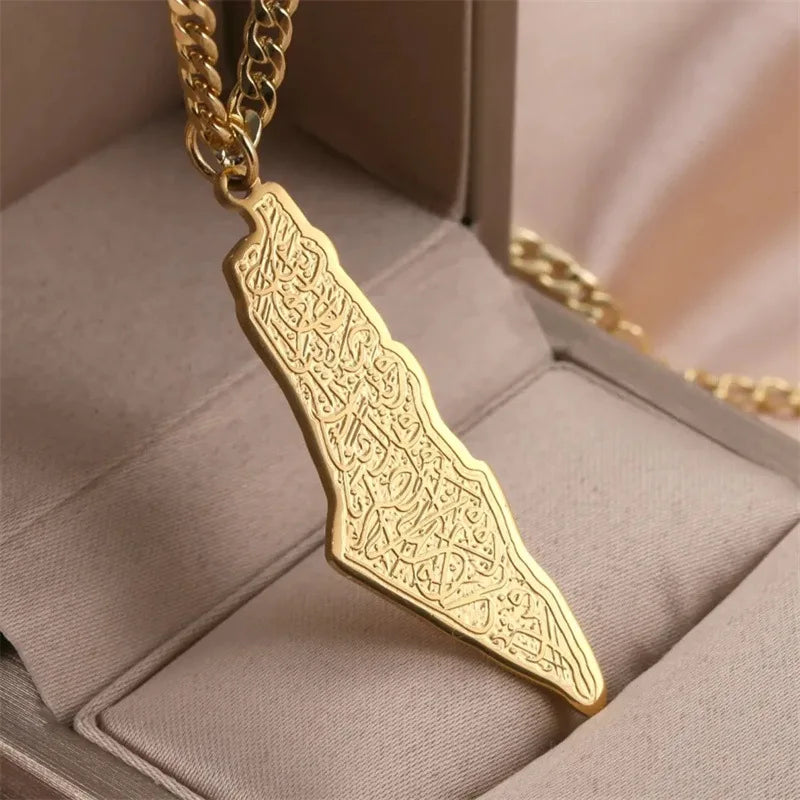 SC New Gold Plated Necklace Double Polished Israeli Palestinian Flag Map Necklace Stainless Steel Necklace Gifts for Women Men