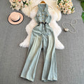 Summer Women Sleeveless Denim Jumpsuits Turn-down Collar Single Breasted High Waist Wide Leg Jeans Elegant Female Jumpsuit