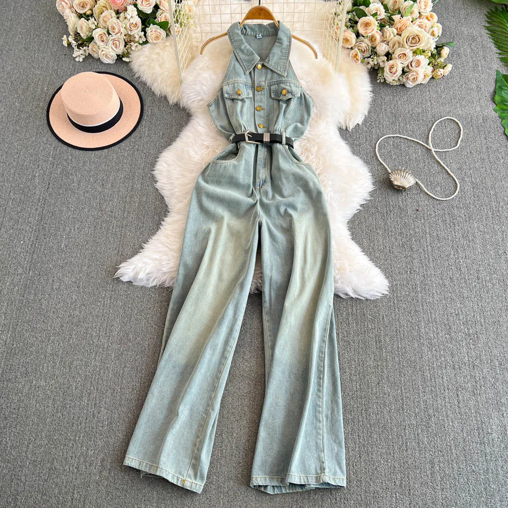 Summer Women Sleeveless Denim Jumpsuits Turn-down Collar Single Breasted High Waist Wide Leg Jeans Elegant Female Jumpsuit