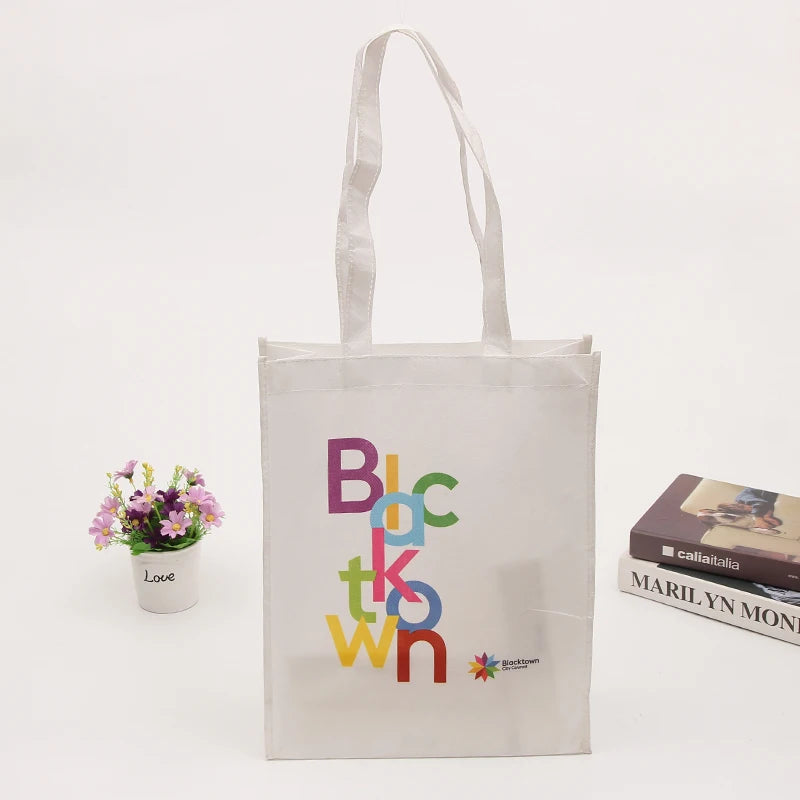 Custom Printed Eco-Friendly Non-Woven Tote Bag Long Strap Handle Medium Size Letter Packing Gift Use Made Recycled Materials