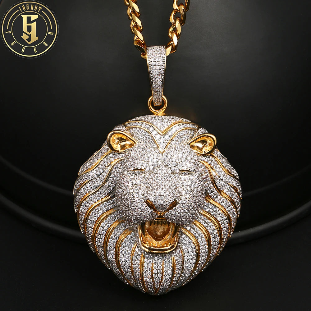 High Quality Hip Hop Jewelry 18K Gold Plated Brass Big Lion Pendent Iced Out CZ Cubic Zirconia Lion Head Pendant Necklace
