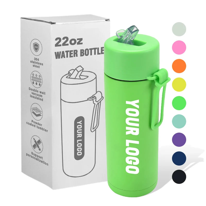 Custom Logo 650ml Sports Portable Tumblers With Metal Straw Stainless Steel Water Bottles Double Wall Insulated Tumbler