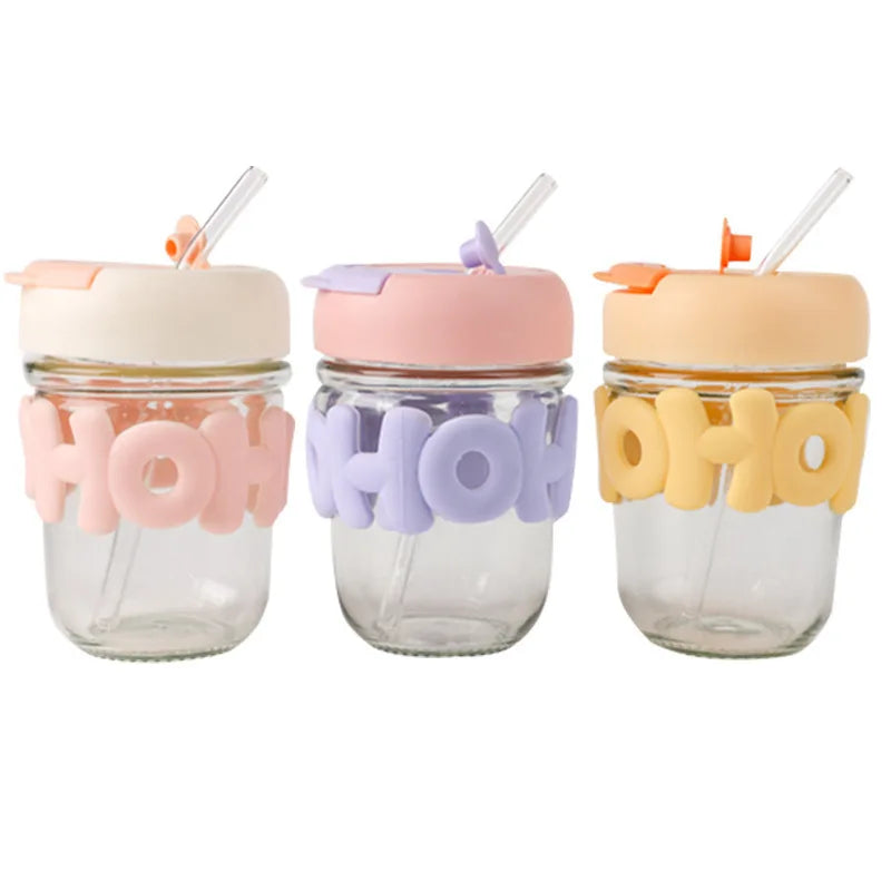 Cartoon Double Drink Glass Transparent Anti-Ironing Cute Straw Cup High Appearance Level Pearl Bracelet Letter Water Cup Unisex