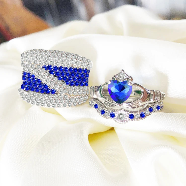 Anniversary Couple Ring Set Blue White CZ Moissanite Men Ring Heart Shaped Women Stacking Ring Wedding Engagement Couple Jewelry