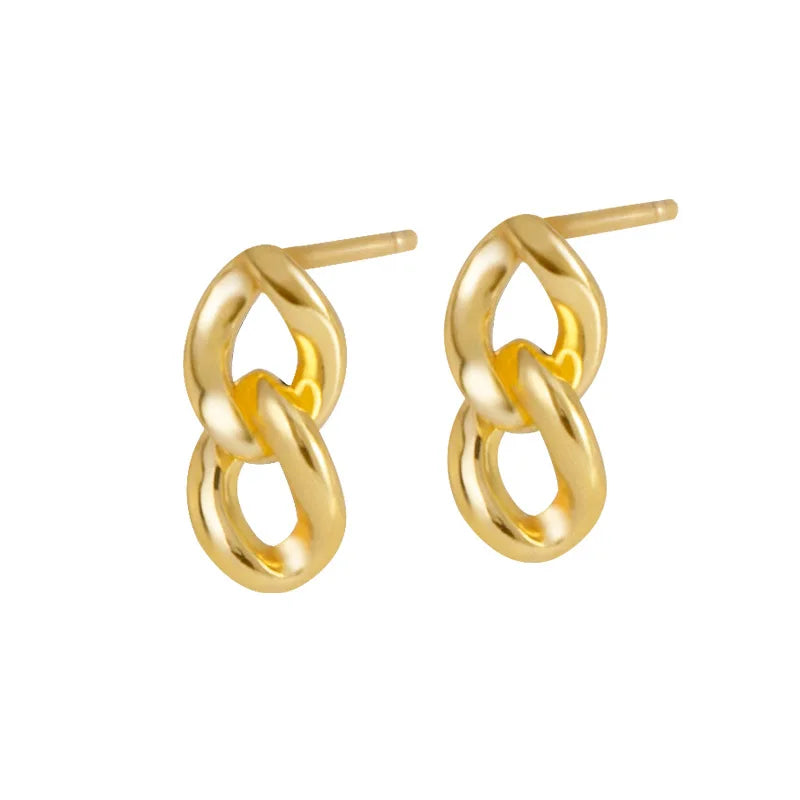 Fashion Minimalist Jewelry 925 Sterling Silver Simple Plain Link Chain Shape Gold Plated Stud Earrings for Women