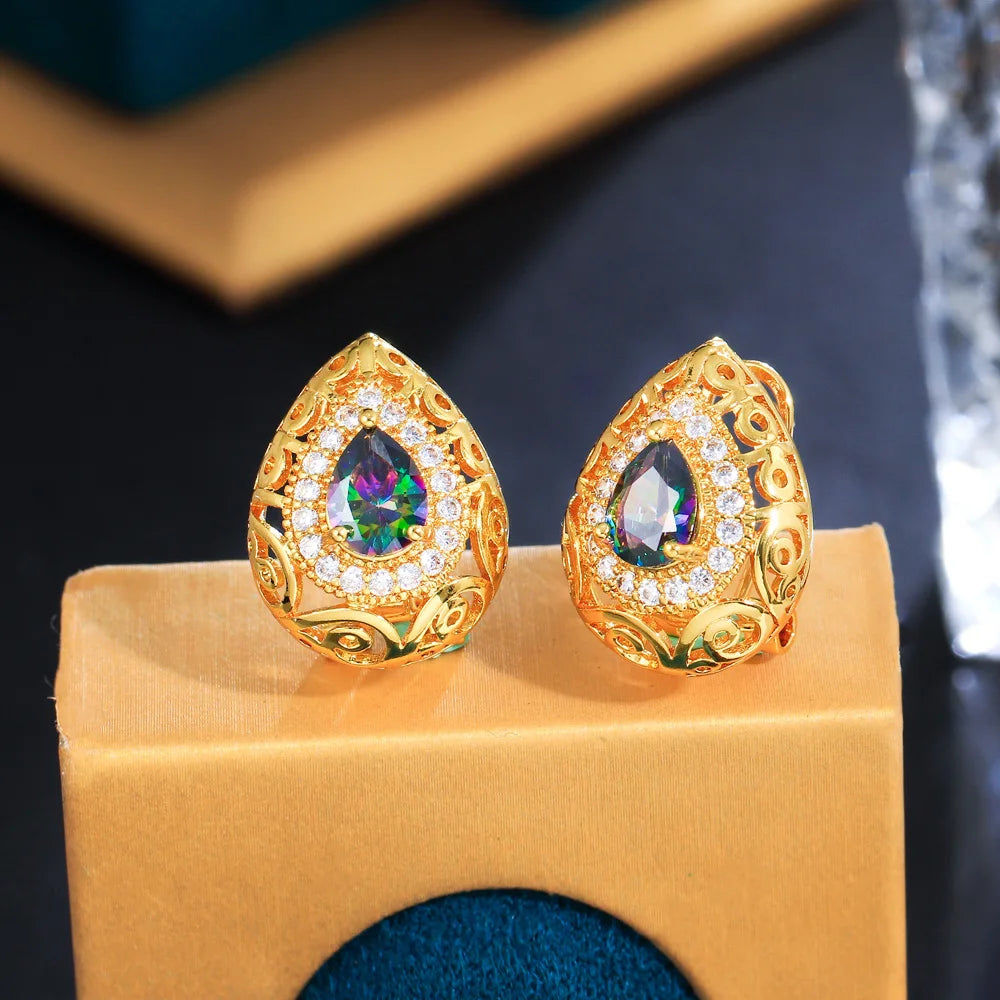 Dazzling Mystical Fire Topaz Crystal Jewelry Gold Plated Hollow Out Cubic Zirconia Stud Earrings for Women Party Accessories