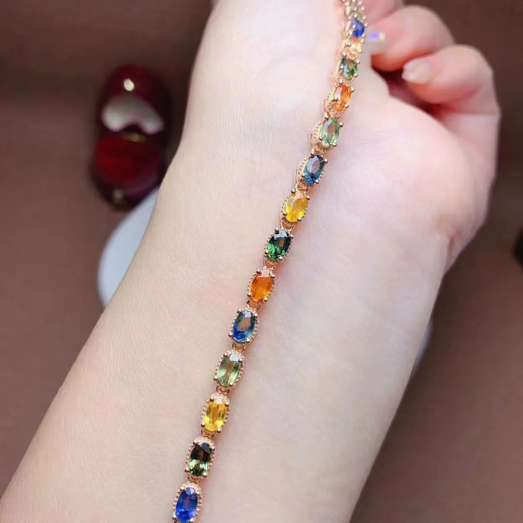 925 Sterling Silver Natural Sapphire Friendship Gemstone Beads Gold Plated Bracelet Chain New Design for Couple Charm Gift Idea