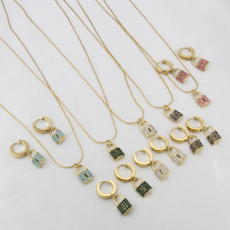 Waterproof 18k Gold Plated Stainless Steel Fashion Chain Necklace Small Lock With Colored Zircon Light Luxury Jewelry Set
