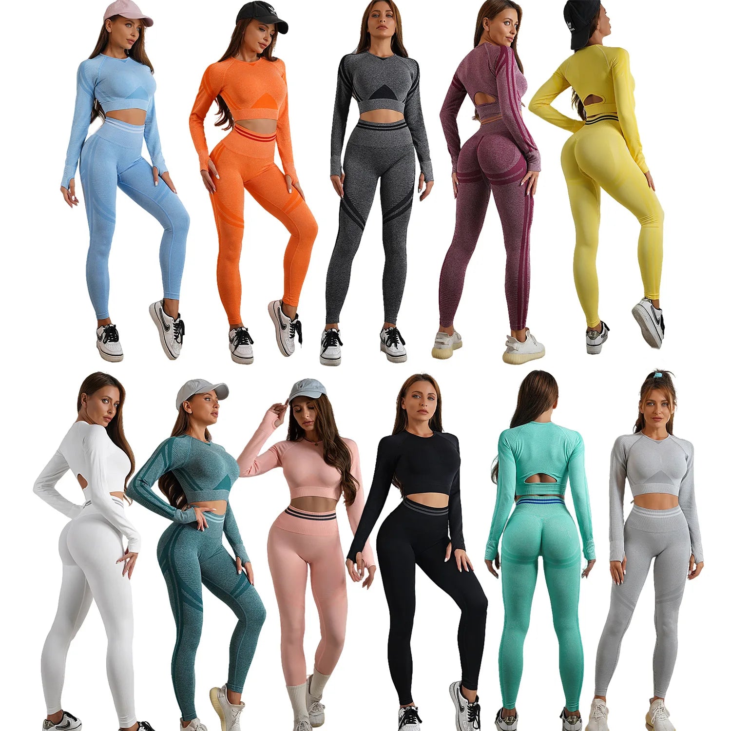 Custom Activewear Outfits Vestido FemininoSeamless Gym Workout Clothing Roupa De Academia Long Sleeve Leggings Fitness Yoga Set