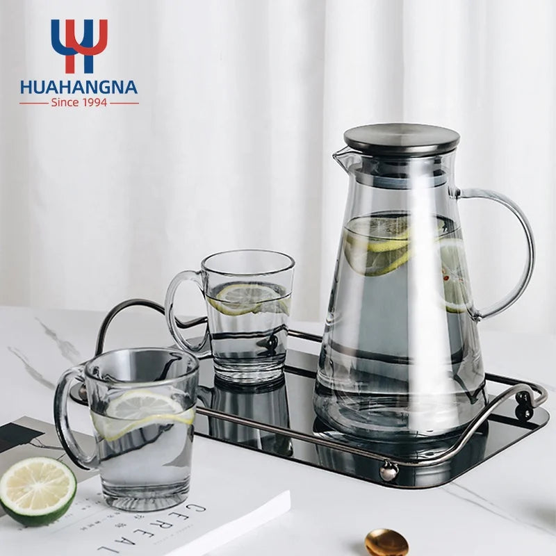Custom Logo 1.8 Liter Hot/Cold Water Jug 60 Ounces High Borosilicate Glass Carafe/Pitcher Set Stainless Steel Tea Pots Kettles