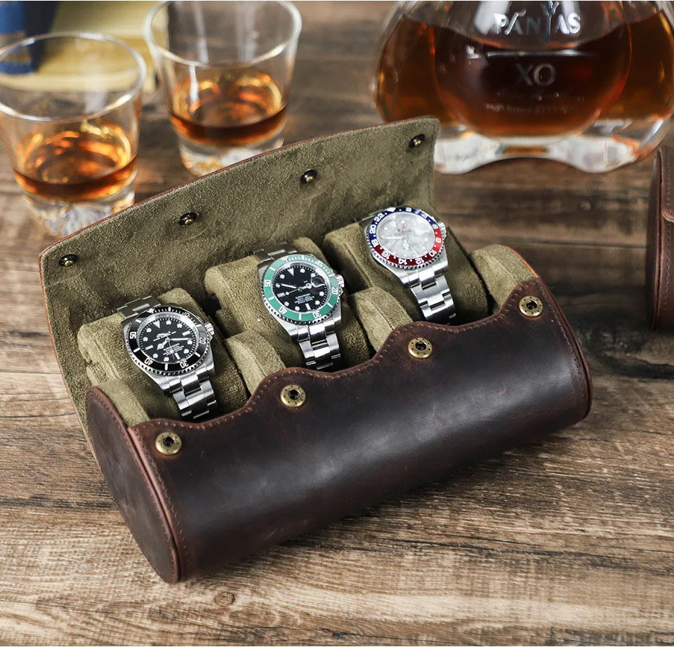 Luxury Crazy Horse Leather Watch Box Hard Roll Handmade 3 Slots Watch Travel Case Leather Watch Collection Holder Package Box