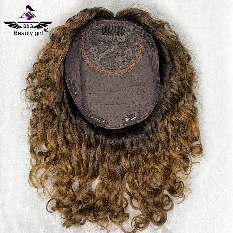 Beauty Girl Can Be Customized Size 7x8 Inch Curly Silk Top Womens Topper Human Hair Piece Clip on Ombre Blonde Hair Toppers
