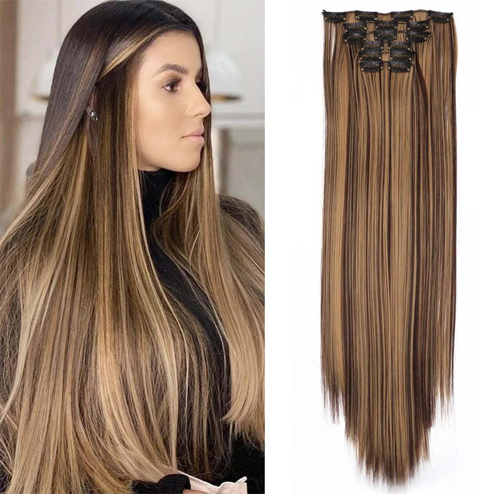 AliLeader 22 Inch 6pcs/set Ombre Highlight Clips in Hair Extensions Long Double Weft Lightweight Synthetic Hairpieces for Women