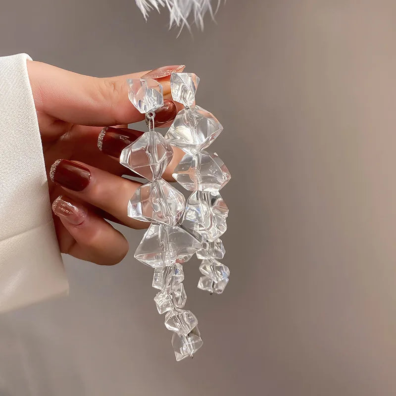 European American Cold Tone Fashion Drop Earrings with Exaggerated Geometric Irregular Design White Crystal Ice Studs