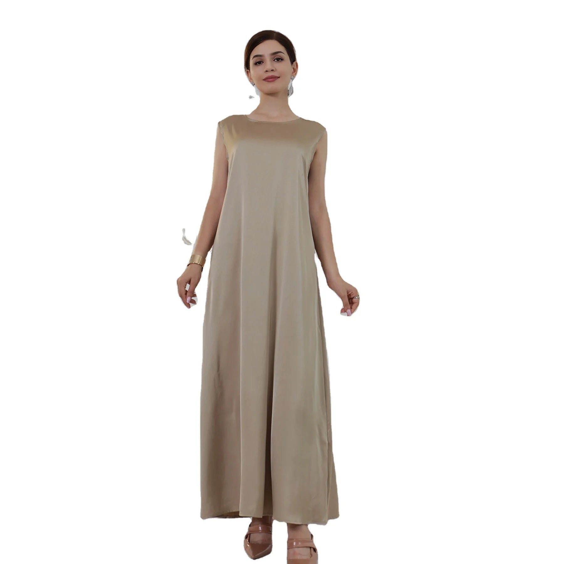 Casual All-Match Maxi Robe Caftan for Muslim Women Modest Satin Abaya Femme Inner Dress Sleeveless Moroccan Islamic Clothing