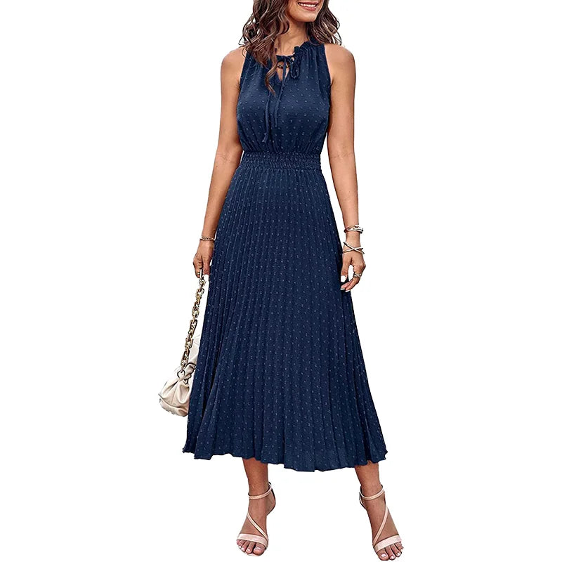 4661 Women's Casual A-Line Summer Dress V-Neck for Swiss Dot Ruffle Sleeve Midi Length Beach Sun Dress Front Natural for