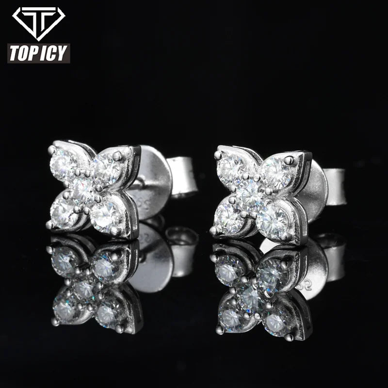 Fashion Hip Hop Four Leaf Stud Earrings New Design Sparkling 925 Sterling Silver Flower Jewelry VVS D Moissanite Earrings
