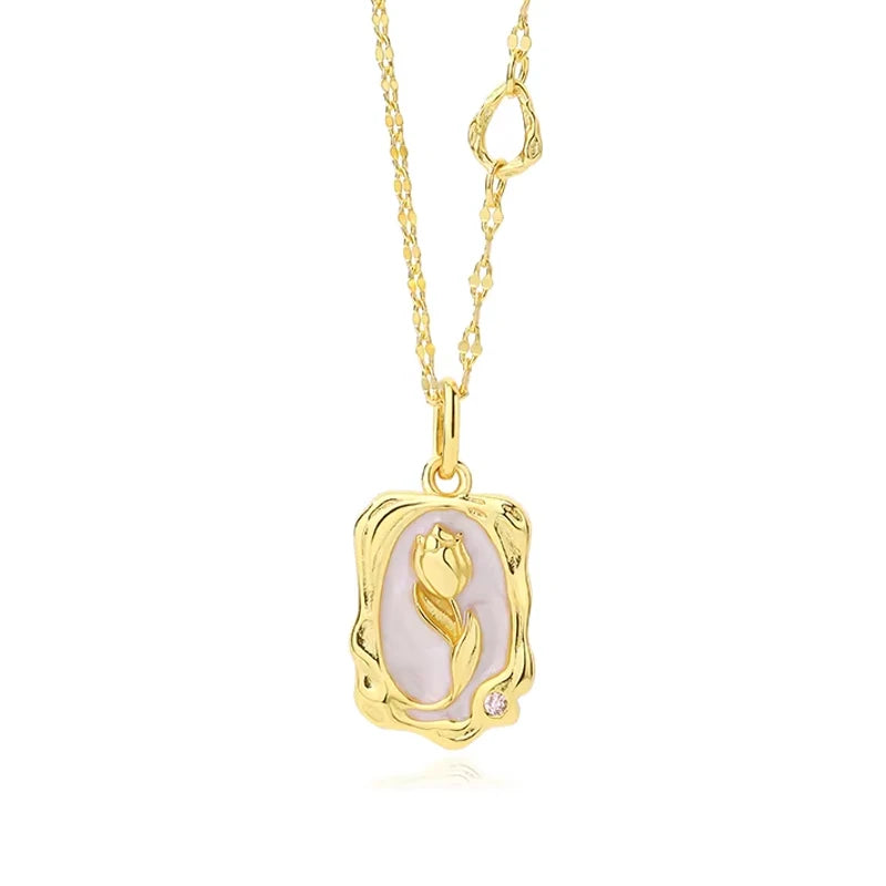 Original Design 925 Sterling Silver 18K Gold Plated Mothers Day Gifts Embossed Tulip Enamel Pendant Necklace for Women