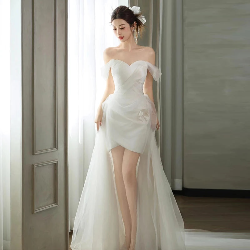 Fashion Net A-line Sheath Classic Bride Grown Exquisite Modern Floor Length Tulle Short Prom Dresses