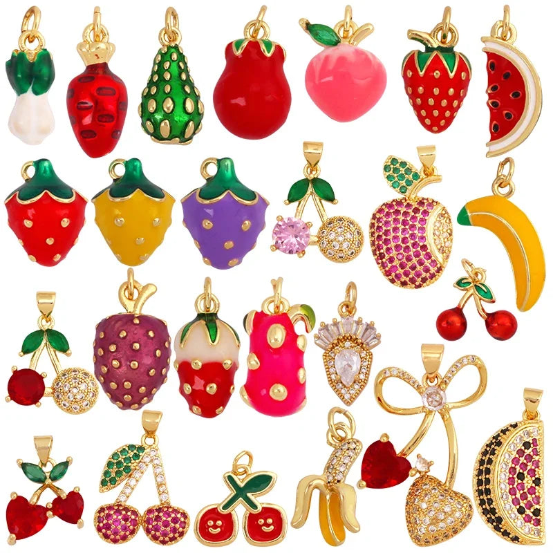 Cute 3D Dragon Fruit Strawberry Water Melon Cherry Banana Peach Charm PendantJewelry Necklace Bracelet DIY Making Supplies S40