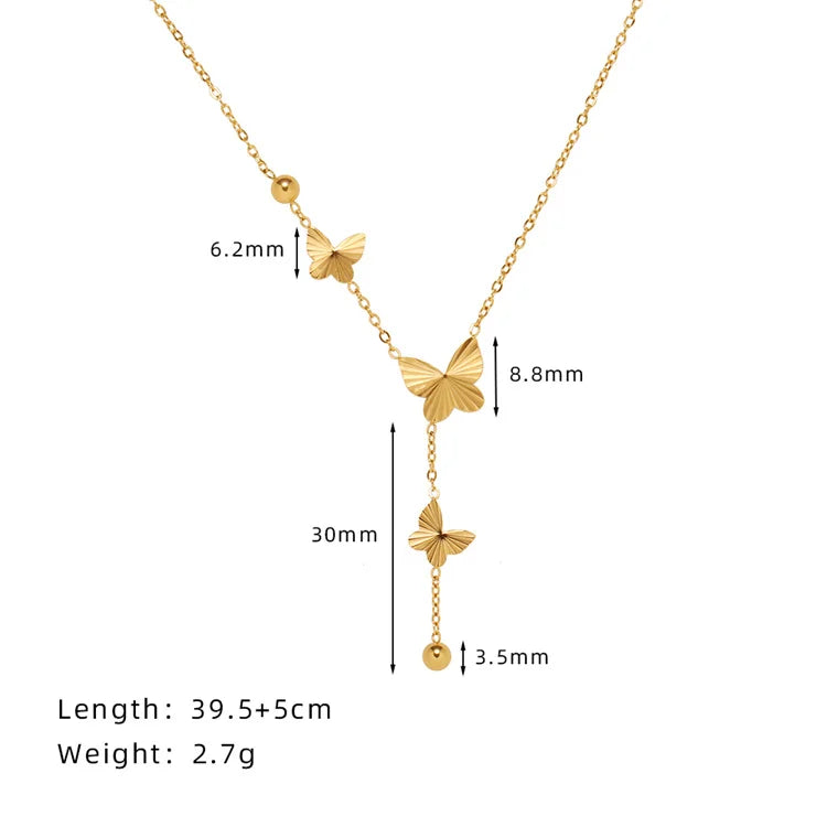 Dainty Women Accessories Jewelry Gold Plated Stainless Steel Round Beads butterfly Charms Tassel Necklace