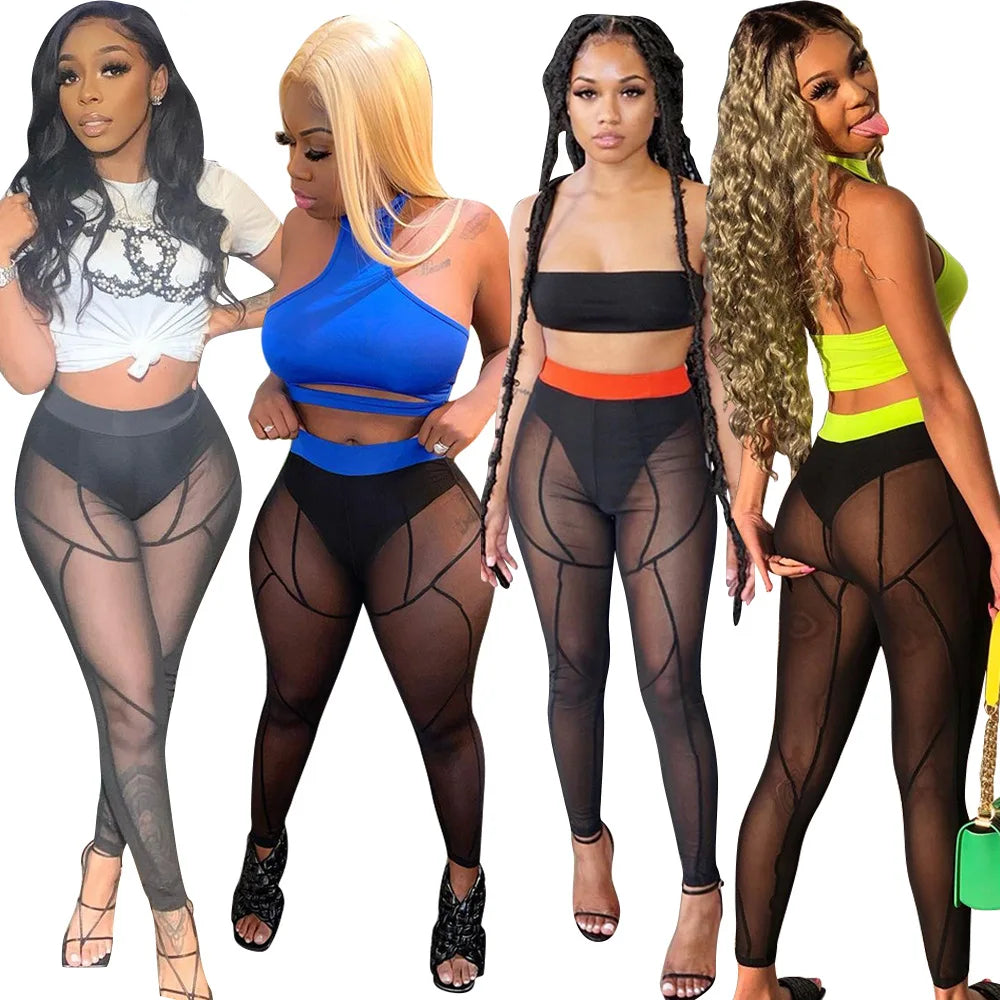 US Size Standard Summer Tight Pants for Women Mesh Sheer See Through Leggings