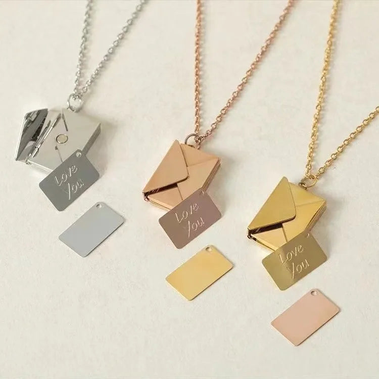 Custom Engraved Necklace Jewelry Personalized Stainless Steel Locket Pendant Love Letter Envelope Necklace for Women Men Gift