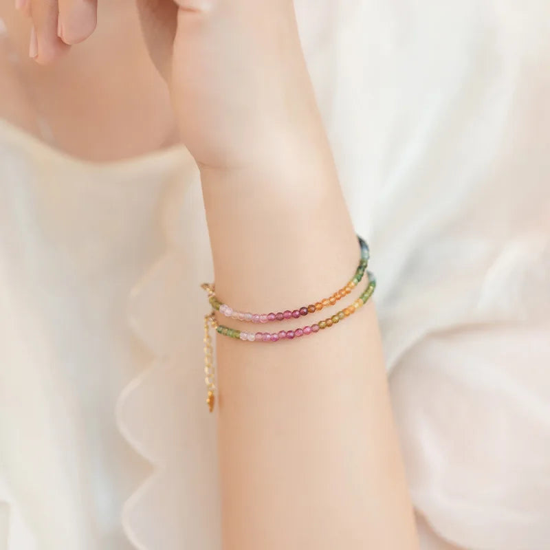 Zooying 2mm Tiny Tourmaline Bracelet Natural Stone Rainbow Color Gemstone Mini Beaded Bracelet