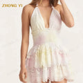 Factory Wholesale Women Summer Deep V-Neck Embroidered Ruffle Pleated Mini Skirt Backless Sexy Sweet Style Casual Short Dresses