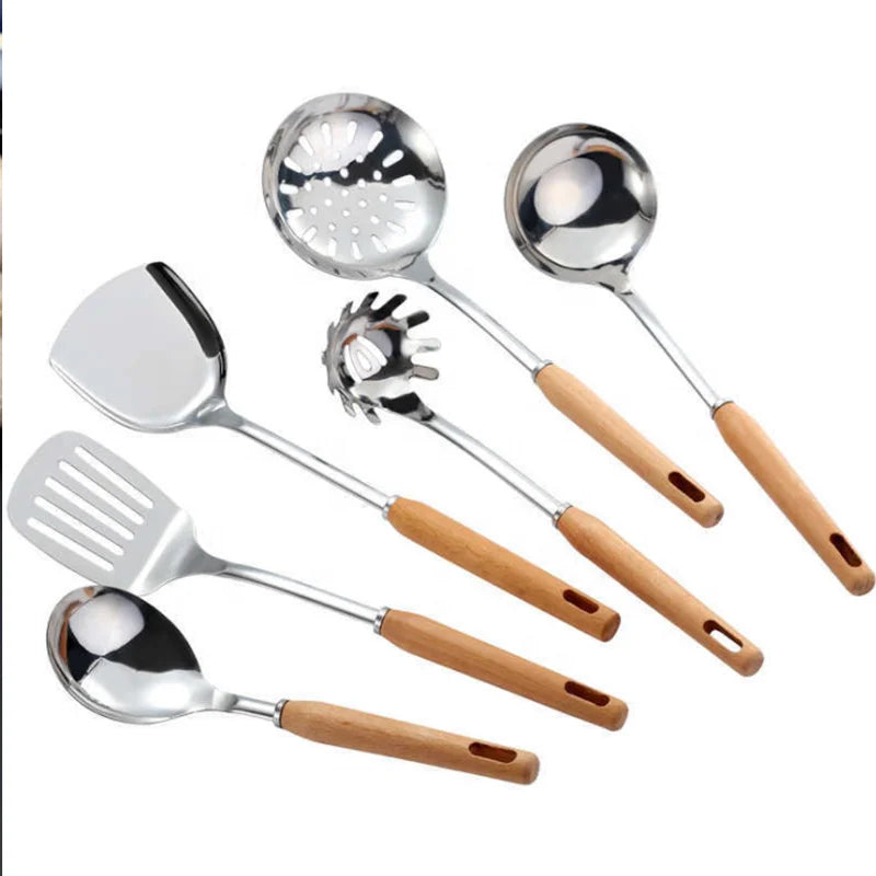 6-Piece Beech Handle Stainless Steel Kitchen Utensil Set Cooking Utensil Set