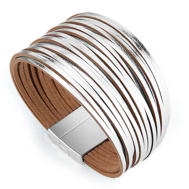 Handmade Vintage Multilayer Leather Wrap Bracelet for Women Mixed Colors with Magnetic Buckle Fashionable Wide Bracelet
