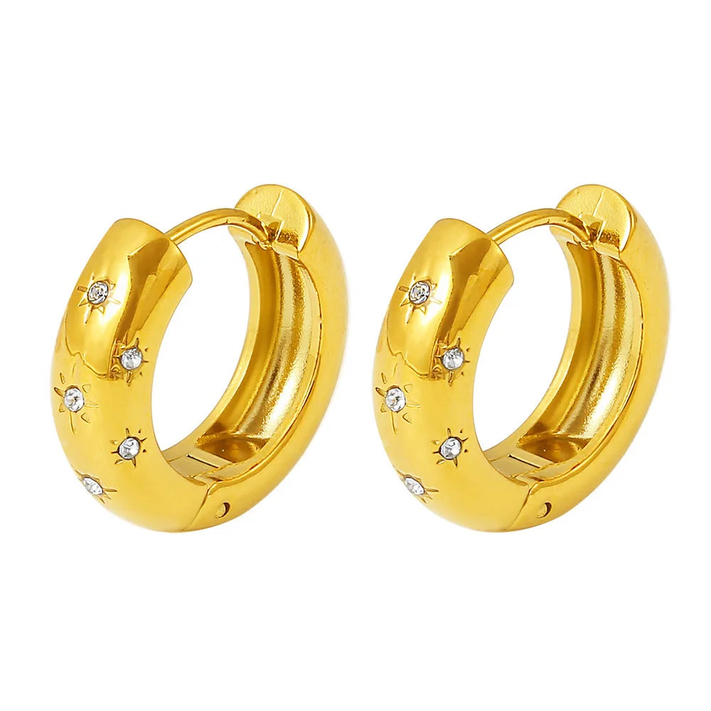 Vintage Temperament Cubic Zirconia Round Octagonal Star Hoop Earrings Stainless Steel 18K Gold Plated Zircon Huggie Earrings